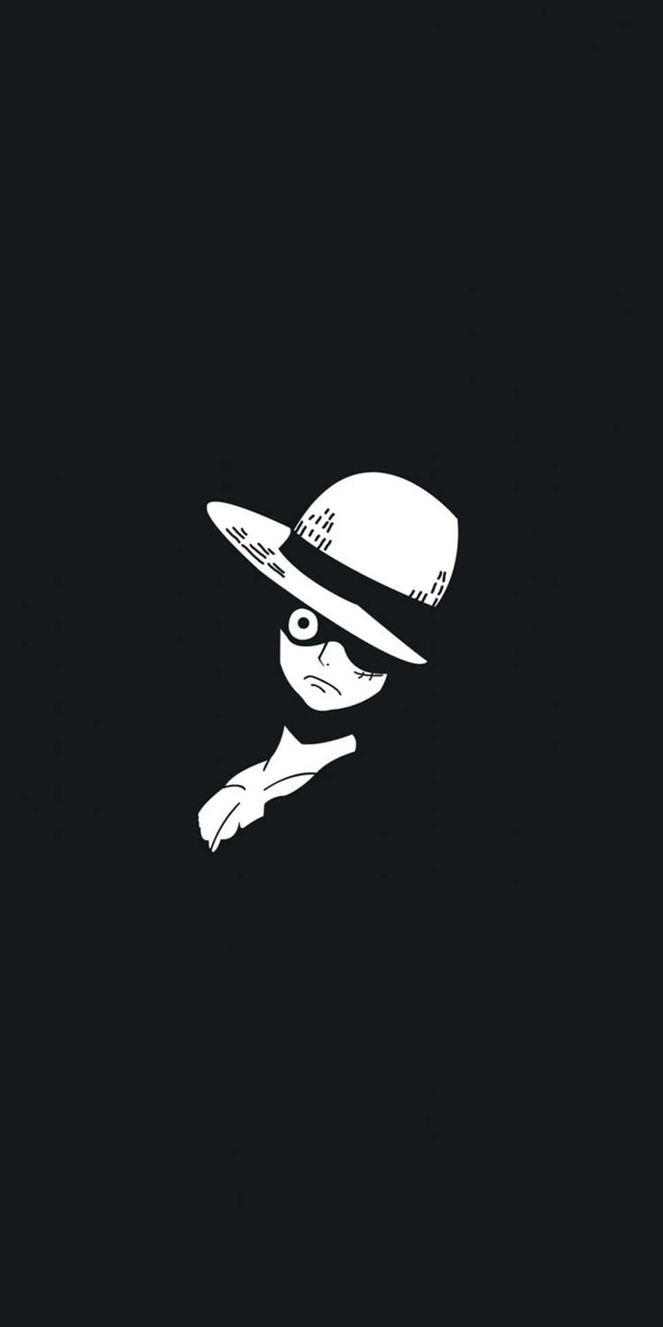 Minimalist Black And White 桌布 壁紙 — 一個戴著軟呢帽和單片眼鏡的極簡白色線條人物，在純黑色背景上向前指點。