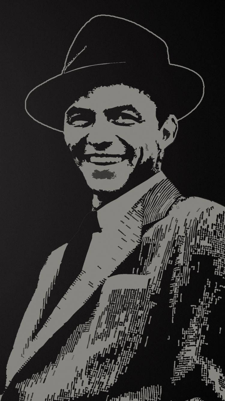 Sinatra 桌布 壁紙 — 一個戴著軟呢帽和西裝的微笑男士的風格化黑白肖像，帶有陰影線。