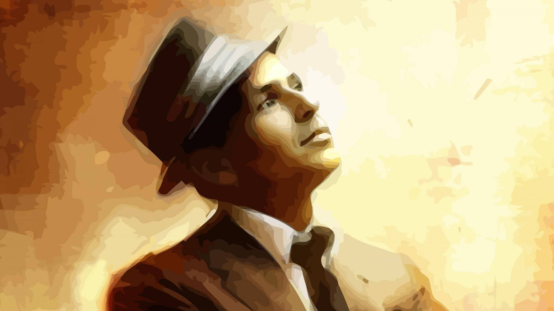 Sinatra 桌布 壁紙 — 一個戴著軟呢帽和西裝的男士的風格化肖像，在溫暖的紋理背景上向上凝視。