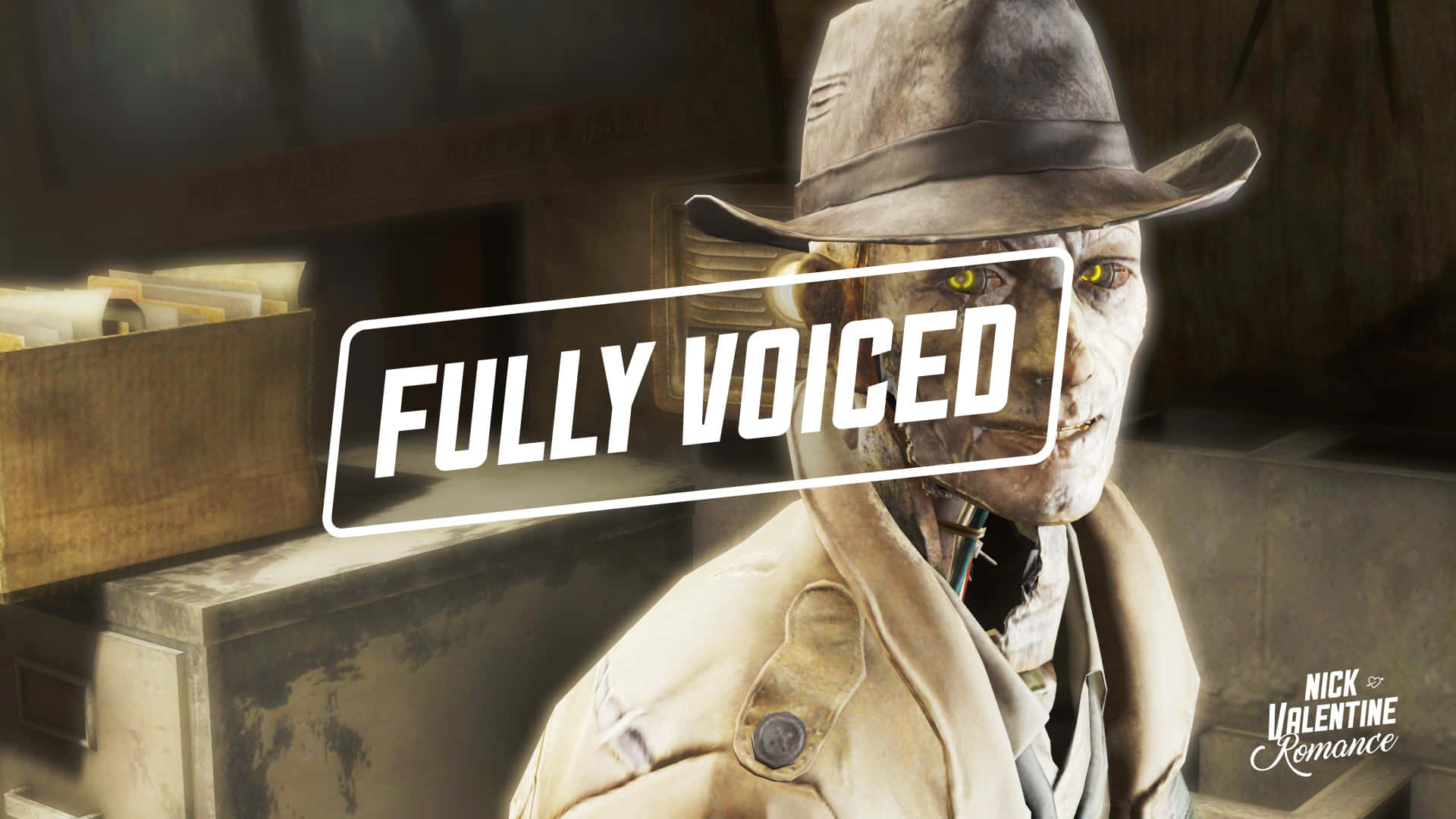 Nick Valentine 桌布 壁紙 — 一個戴著軟呢帽和風衣、眼睛發出黃光的殭屍偵探的粗糙數位肖像。