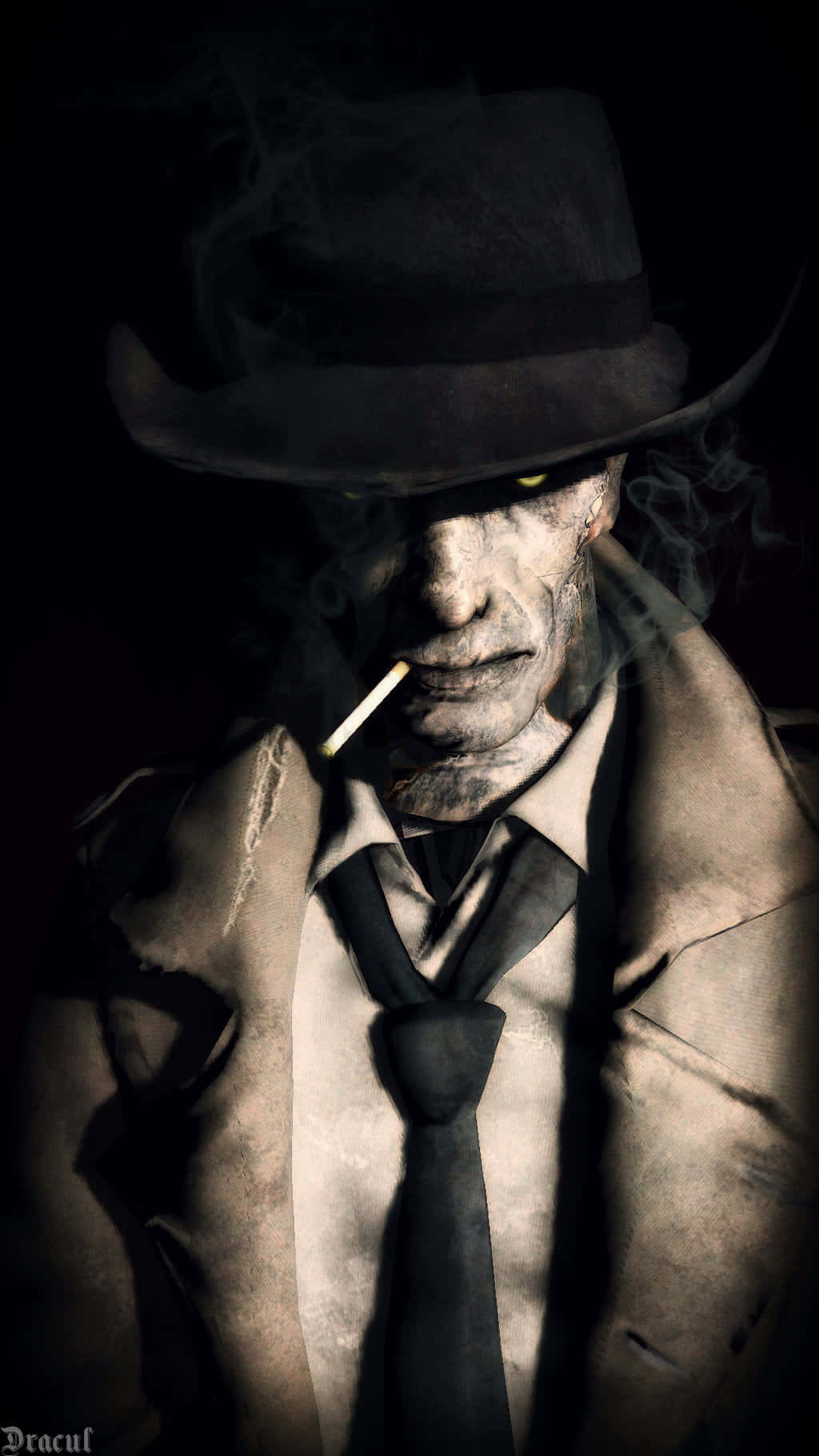 Nick Valentine 桌布 壁紙 — 一個戴著軟呢帽和風衣的威脅人物在黑暗背景下抽煙，眼睛發出黃光。