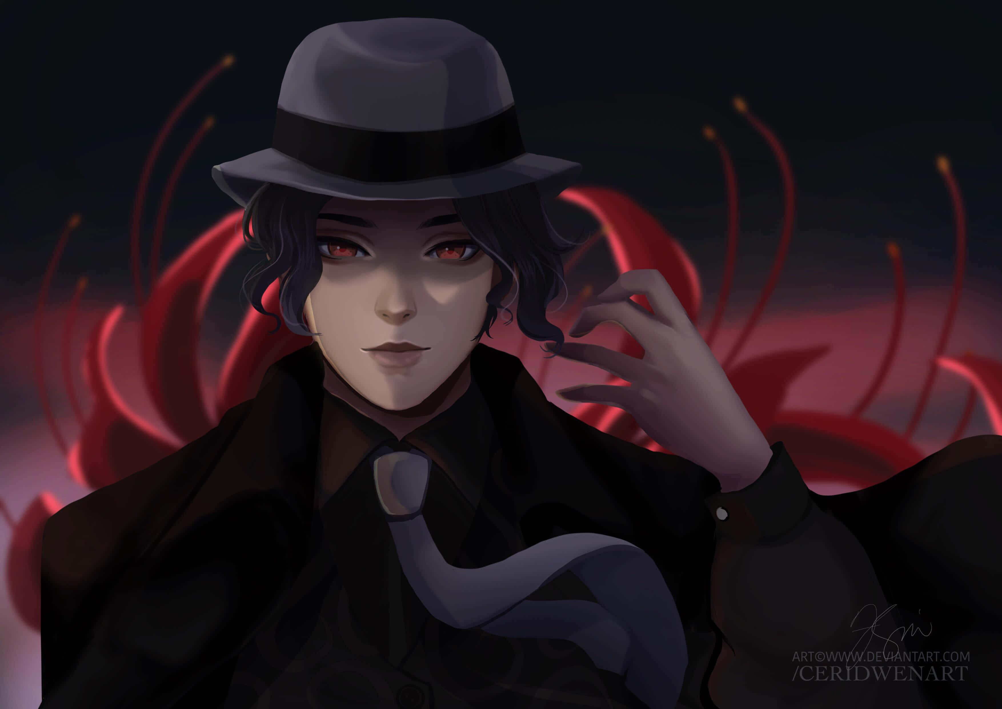 Dark Anime Boy 桌布 壁紙 — 一個戴著軟呢帽和風衣的神秘動漫男子站在帶有發光紅色花卉圖案的深色背景前。