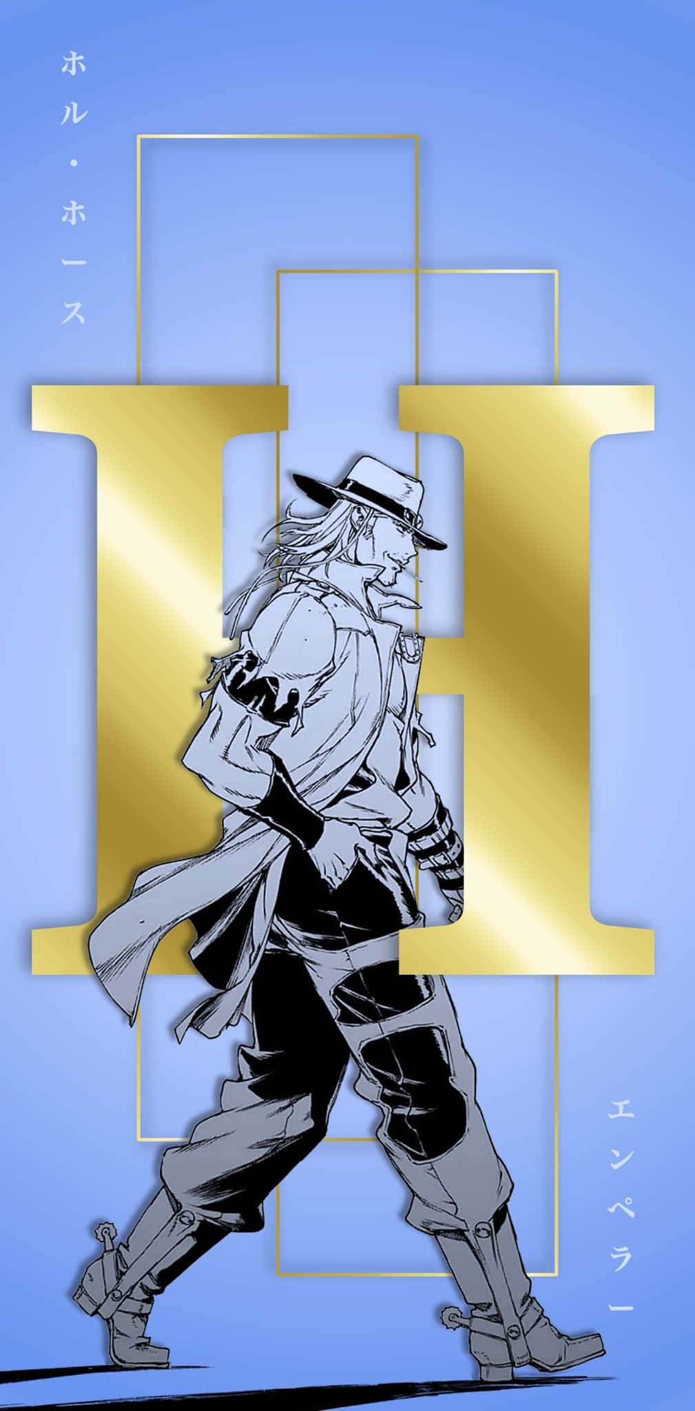 Hol Horse 桌布 壁紙 — 一個戴著軟呢帽和風衣的風格化動漫角色，站在藍色漸變背景前的一個大型金色字母H前面。