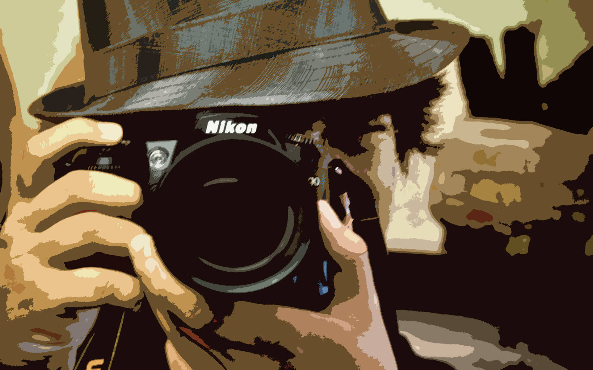 相機 桌布 壁紙 — 一個戴著軟呢帽的人將Nikon相機舉到眼睛的風格化插圖。