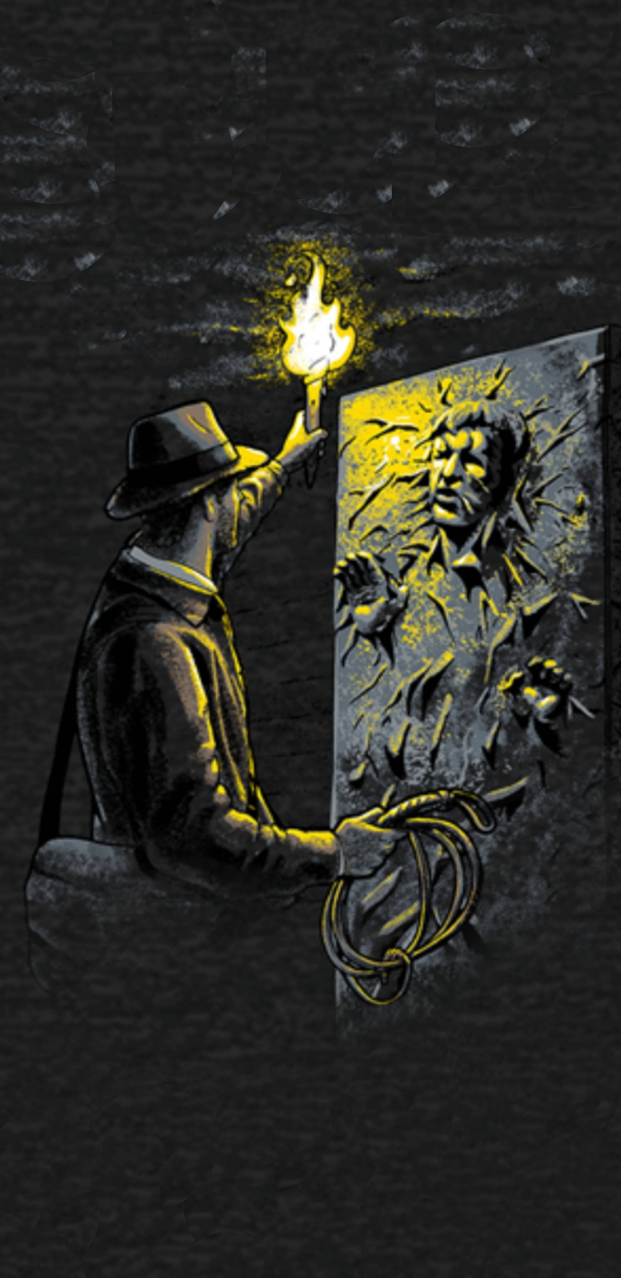 Indiana Jones 桌布 壁紙 — 一個戴著軟呢帽的孤獨人物手持火炬，照亮黑暗環境中一個尖叫面孔的石浮雕。