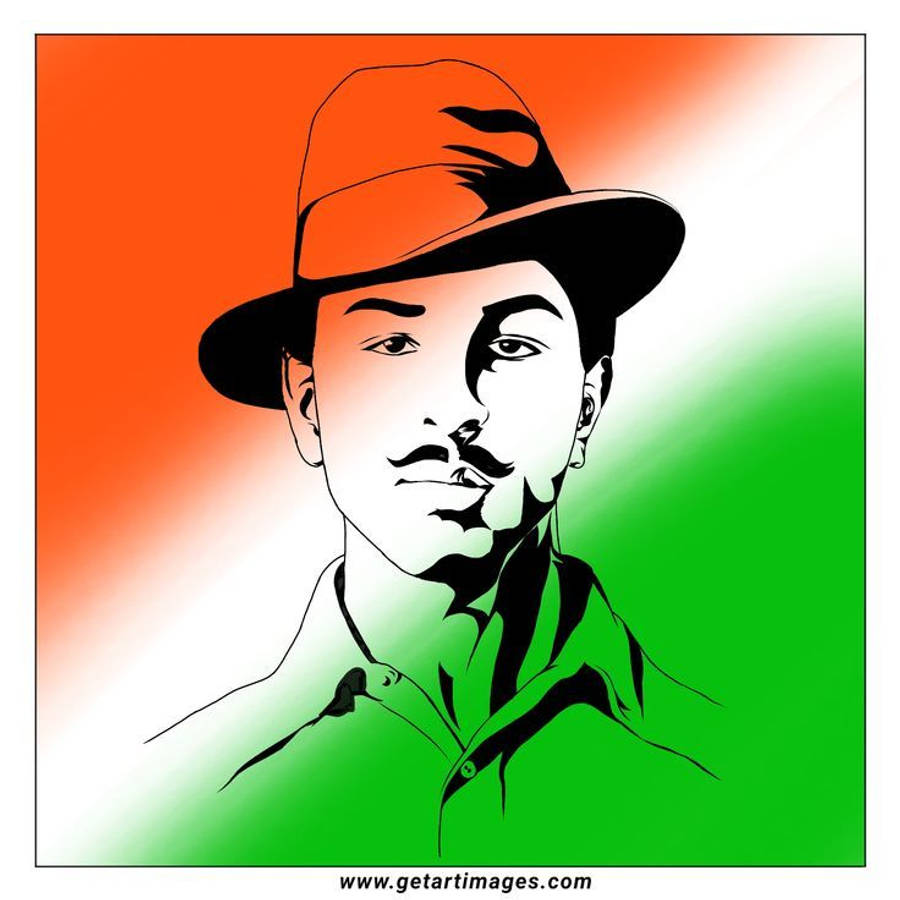 Shaheed Bhagat Singh 桌布 壁紙 — 一個戴著軟呢帽的男子，以印度國旗漸變背景的風格化肖像。