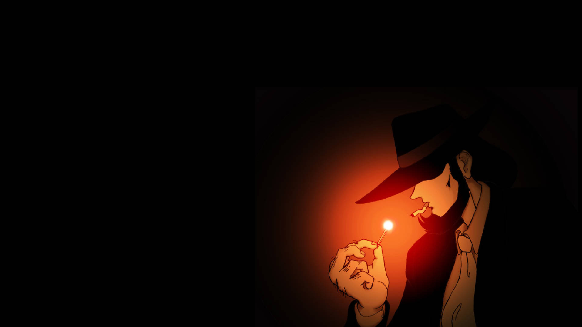 Lupin 桌布 壁紙 — 一個戴著軟呢帽的神秘身影在黑暗背景下點燃香煙，散發溫暖的橙色光芒。