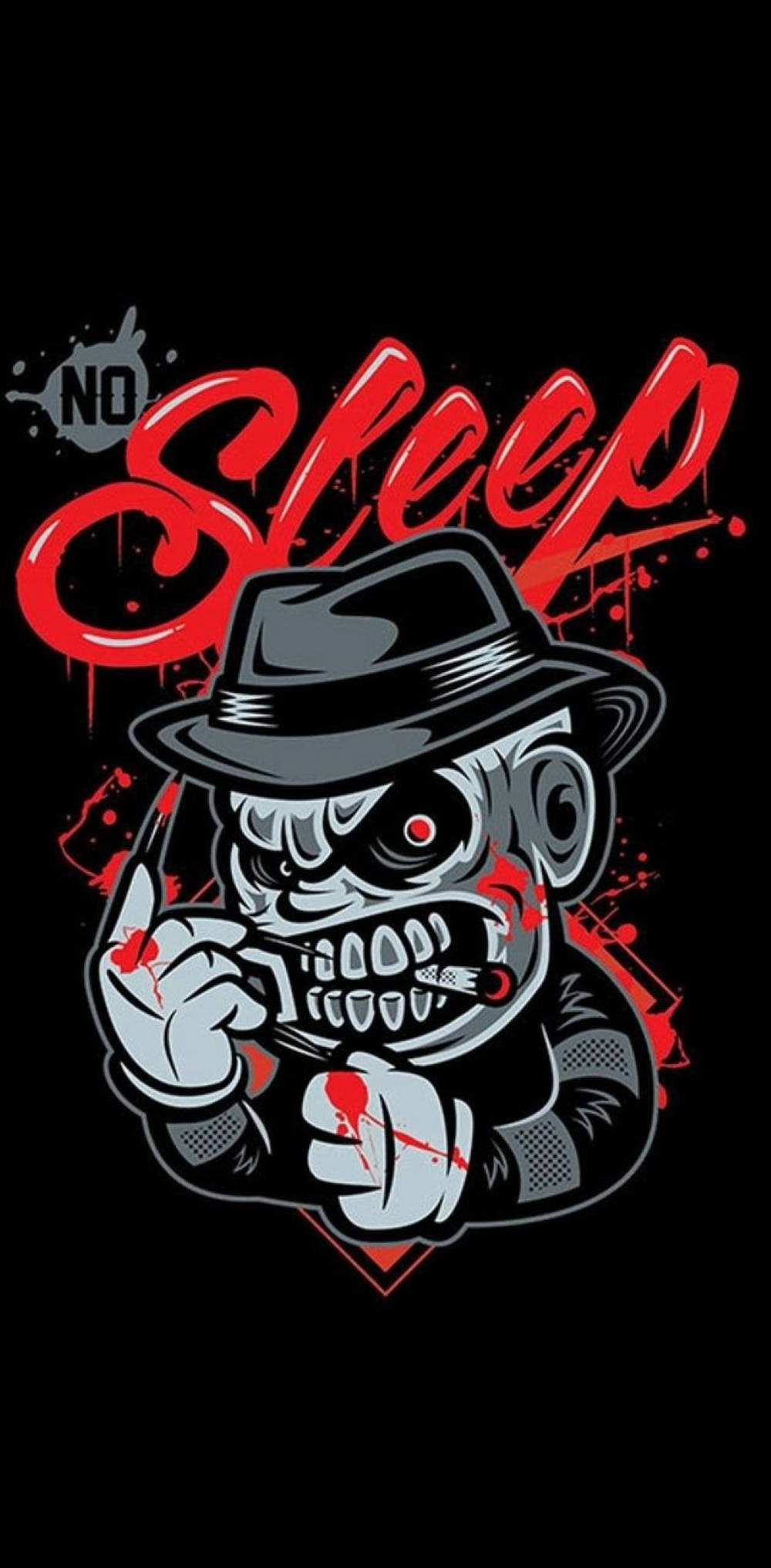 Freddy 桌布 壁紙 — 一個戴著軟呢帽的風格化骷髏頭抽煙，帶有紅色飛濺和粗體「No Sleep」文字，背景為黑色。