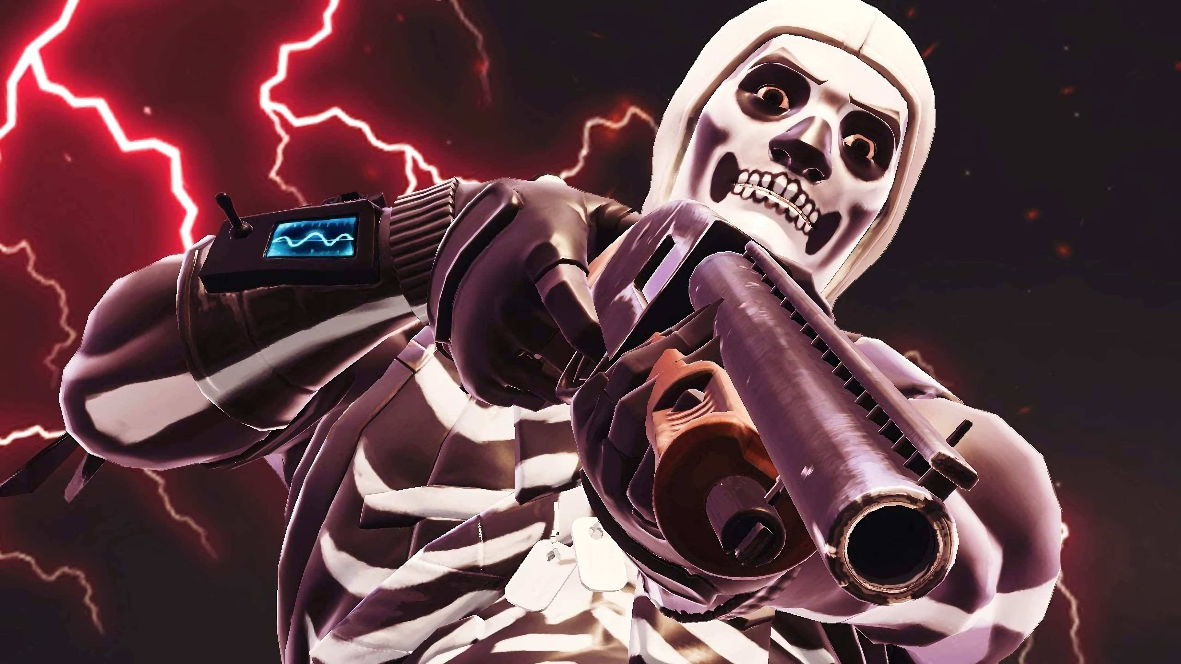 Fortnite 桌布 壁紙 — 一個戴著連帽套裝的可怕骷髏人物，在紅色閃電背景下瞄準未來武器。