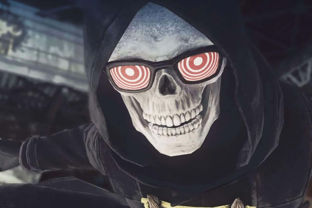 Anime Aesthetic Ps4 桌布 壁紙 — 一個戴著連帽的骷髏形象，擁有發光的紅色螺旋眼睛，在模糊的城市背景下強烈凝視。