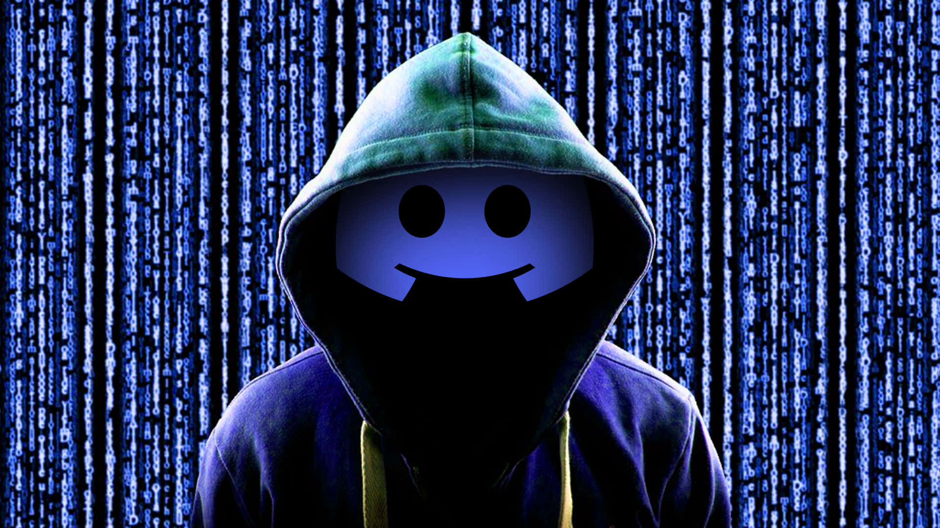 Discord 桌布 壁紙 — 一個戴著連帽衫、戴著發光笑臉面具的人物站在層疊的藍色數位代碼前。