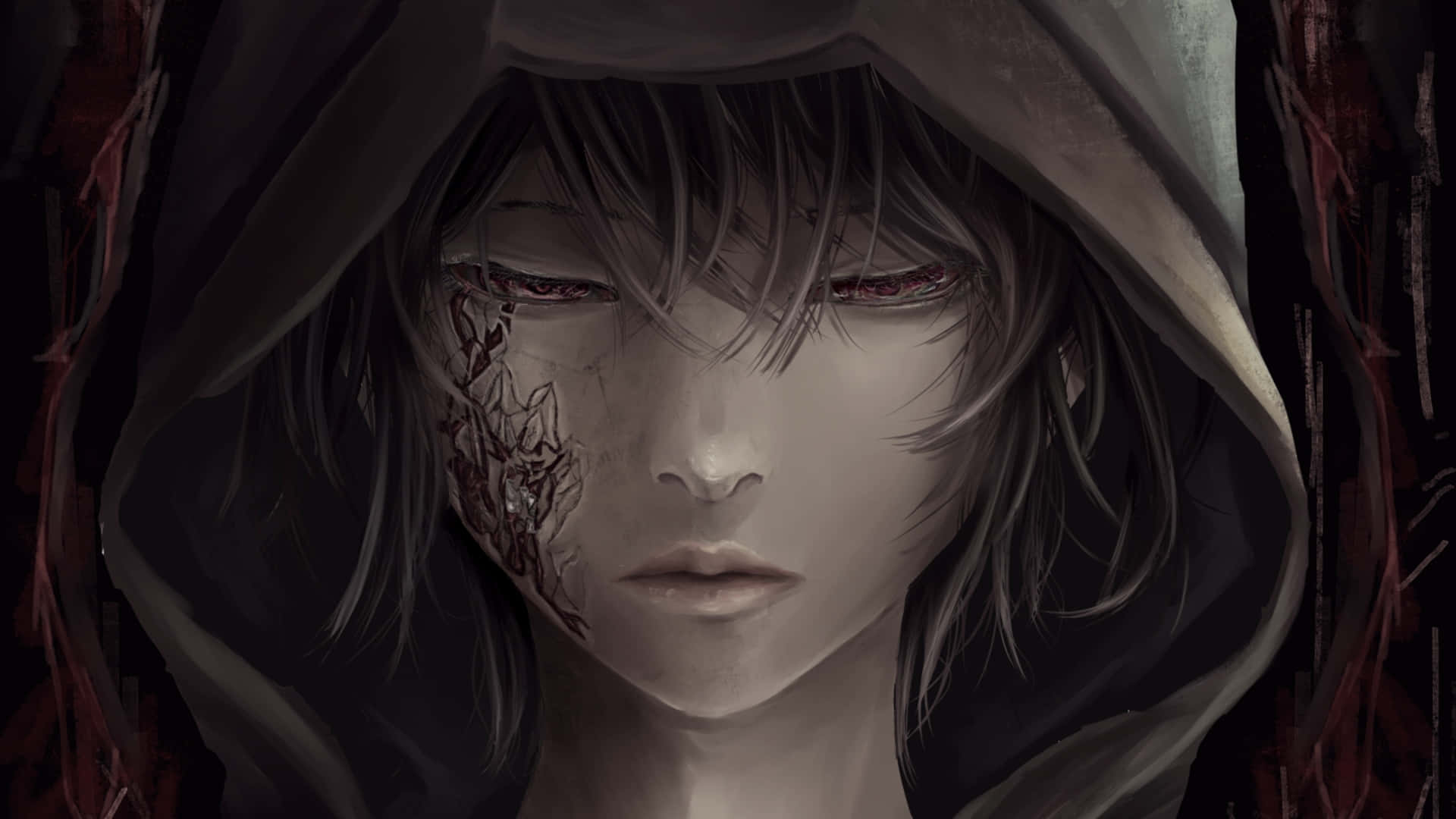 Dark Anime Boy 桌布 壁紙 — 一個戴著連帽衫、皮膚蒼白、眼睛紅色的動漫角色，在黑色藤蔓纏繞臉龐時莊嚴地凝視著。