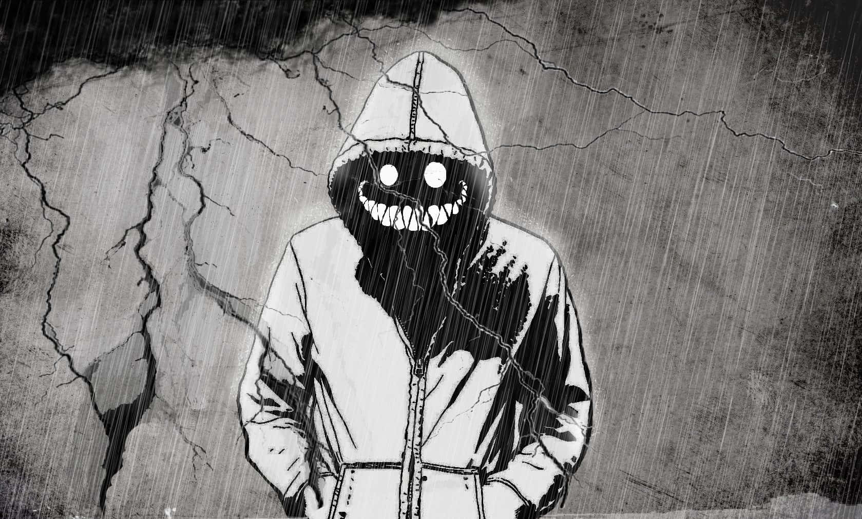 Black And White Storm 桌布 壁紙 — 一個戴著連帽衫、眼睛發光、咧嘴大笑的威脅性人物，站在一條潮濕、裂開的城市小巷裡。