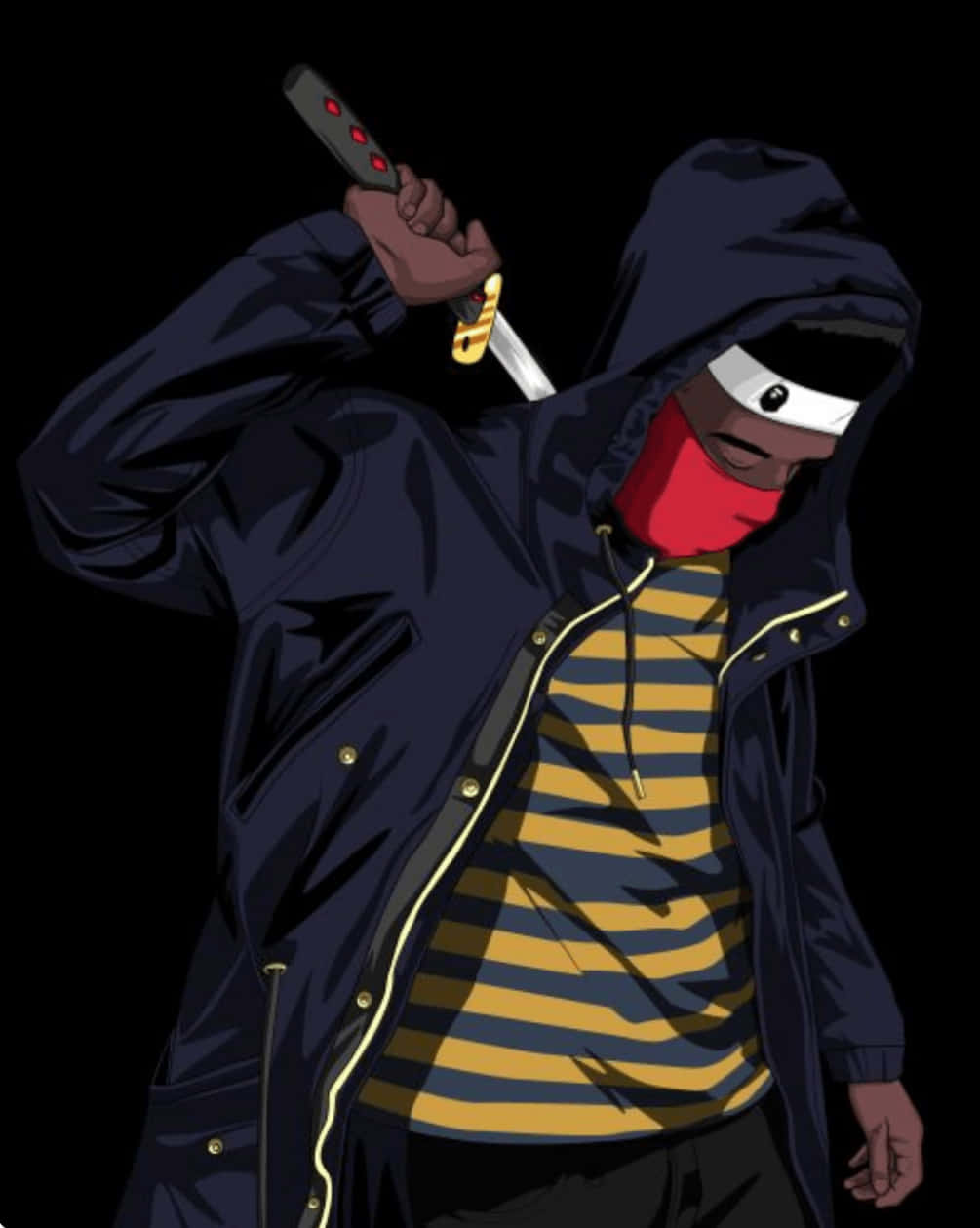 Mask Boy 桌布 壁紙 — 一個戴著連帽衫、穿著條紋衫的人物在黑色背景前揮舞著發光的劍。