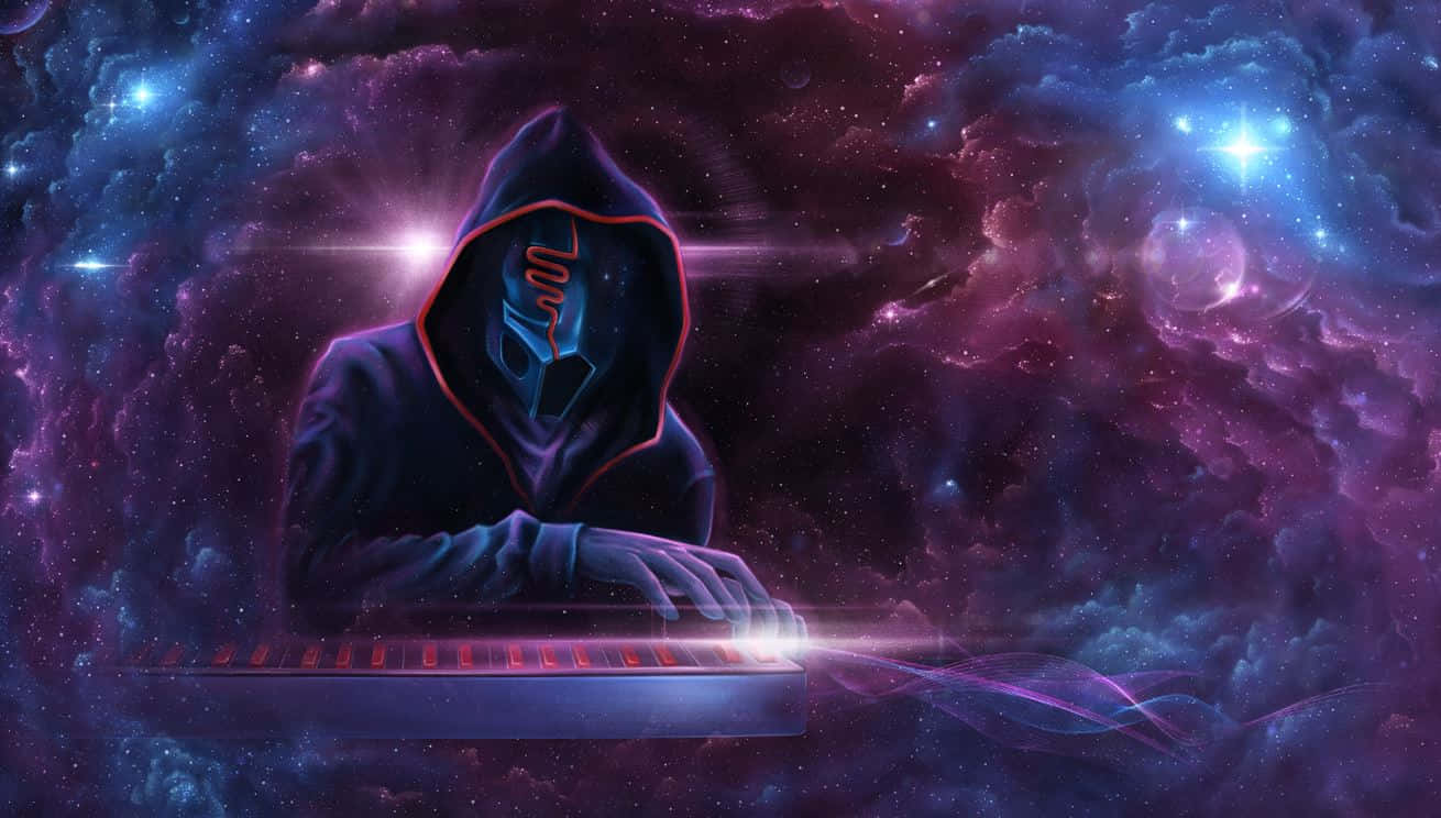 Halloween Music 桌布 壁紙 — 一個戴著連帽衫、臉部發光的人物在旋轉的宇宙星雲和星星中打字。