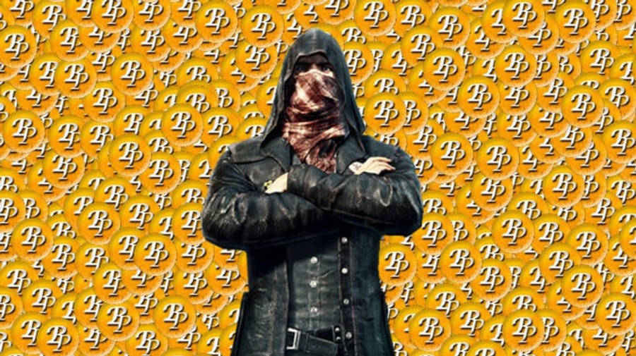 pubg 4K gaming 桌布 壁紙 — 一個戴著連帽衫、身穿黑色皮夾克的人，雙臂交叉，站在鮮黃色背景前，背景上有重複的白色「B」標誌圖案。