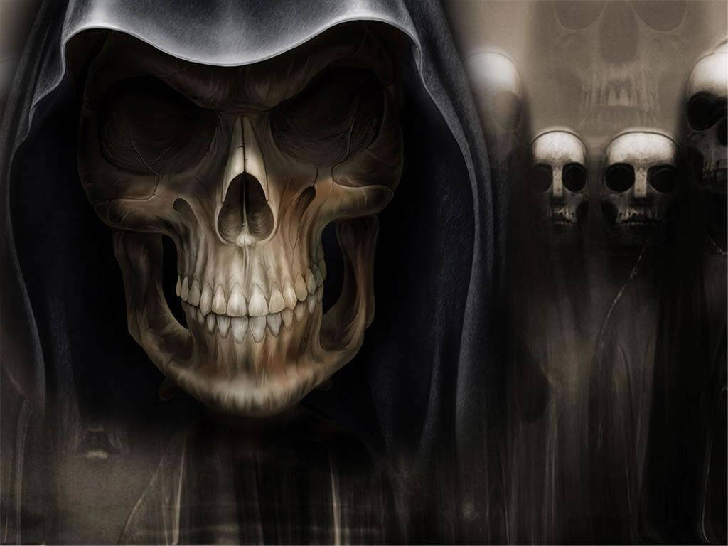恐怖 桌布 壁紙 — 一個戴著連帽衫、面容詳細的骷髏死神，在陰暗憂鬱的氛圍中隱約出現在模糊的骷髏人物上方。