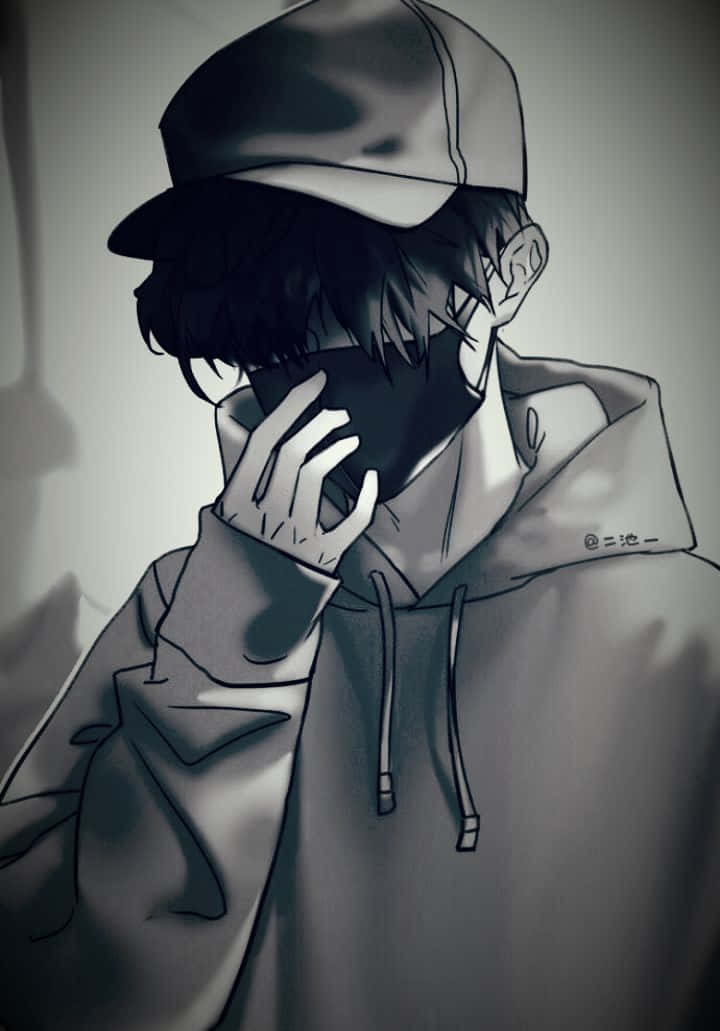 年輕動漫角色穿著連帽衫和帽子，用手遮住臉。 — 憂鬱男孩 壁紙