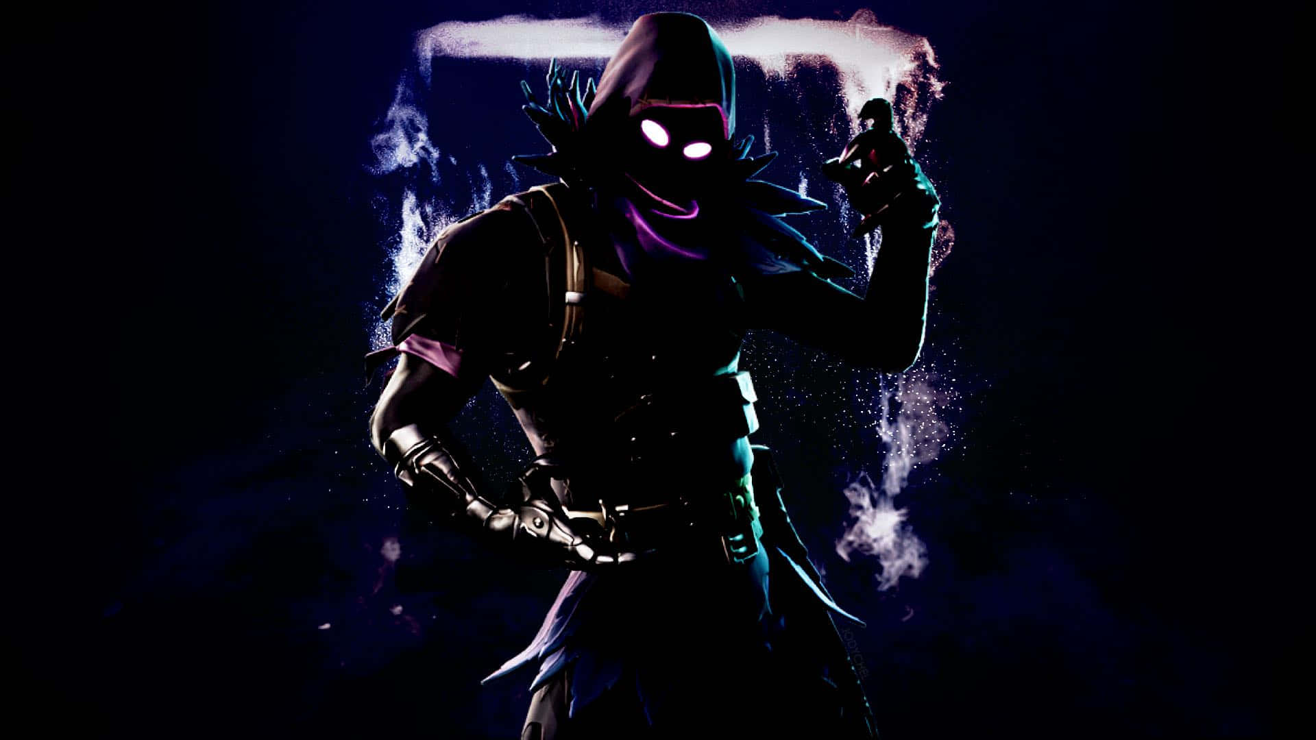 Raven Fortnite 桌布 壁紙 — 一個戴著連帽衫的人物，擁有發光的白色眼睛和紫色點綴，站在黑色背景的黑暗煙霧中。