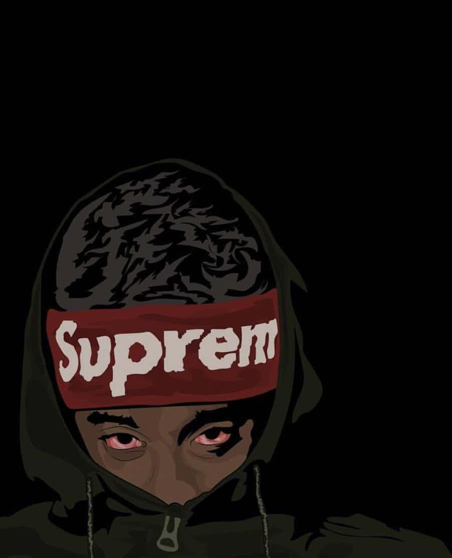 dope iPhone 桌布 壁紙 — 一個戴著連帽衫的人物，擁有發光的紅色眼睛和紅色 Supreme 頭帶，以黑色背景為襯托的風格化數位肖像。