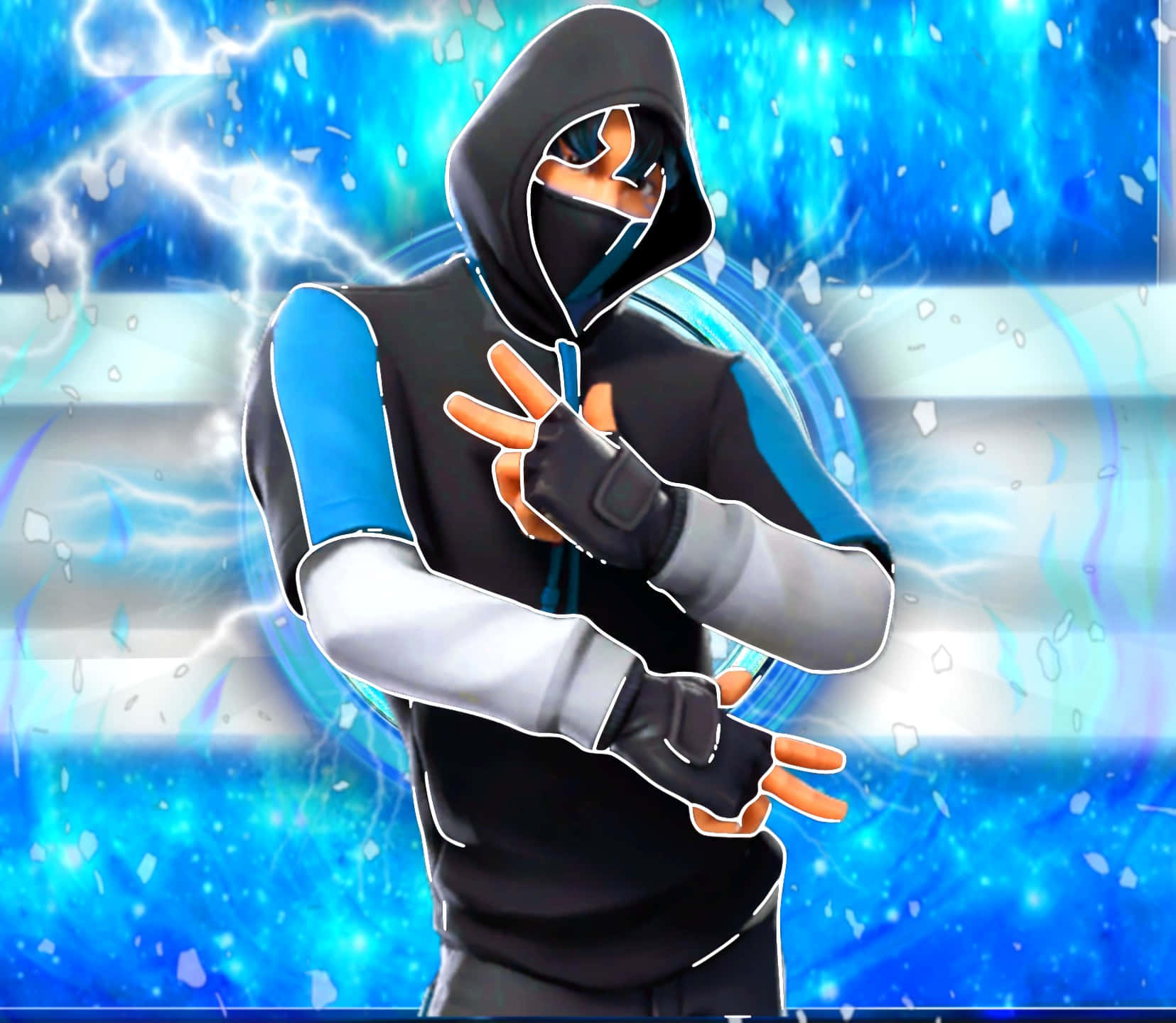 Fortnite Ikonik Skin 桌布 壁紙 — 一個戴著連帽衫的人物，擁有發光的眼睛和藍色能量效果，在充滿活力的電光藍色背景前動態擺姿勢。