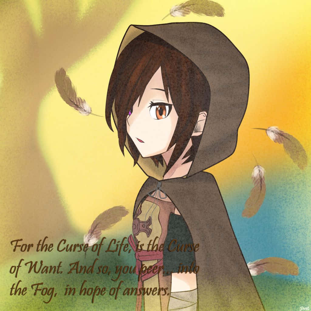 Dark Souls Emerald Herald 桌布 壁紙 — 一個戴著連帽衫的動漫女孩，棕色頭髮和橙色眼睛，在溫暖的漸變背景中，羽毛飄浮在她周圍，她若有所思地凝視著。