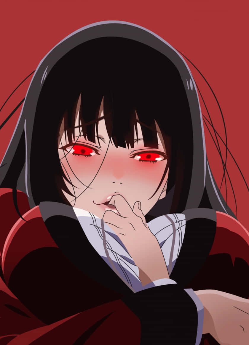 Kakegurui 桌布 壁紙 — 一個戴著連帽衫的動漫女孩，眼睛發出紅光，手指放在嘴唇上，背景是深紅色。