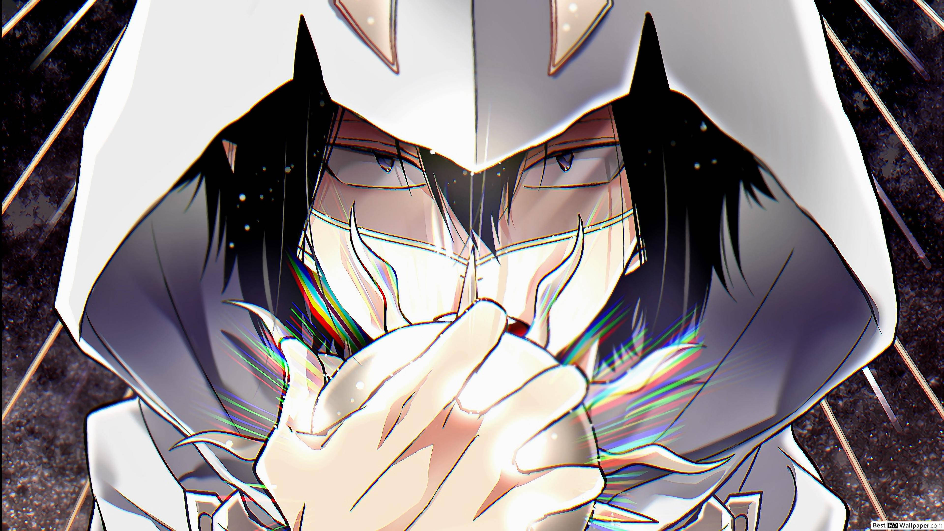 Tamaki Amajiki 桌布 壁紙 — 一個戴著連帽衫的動漫角色，眼睛發光，嘴巴被彩虹光效覆蓋，背景是星空宇宙。