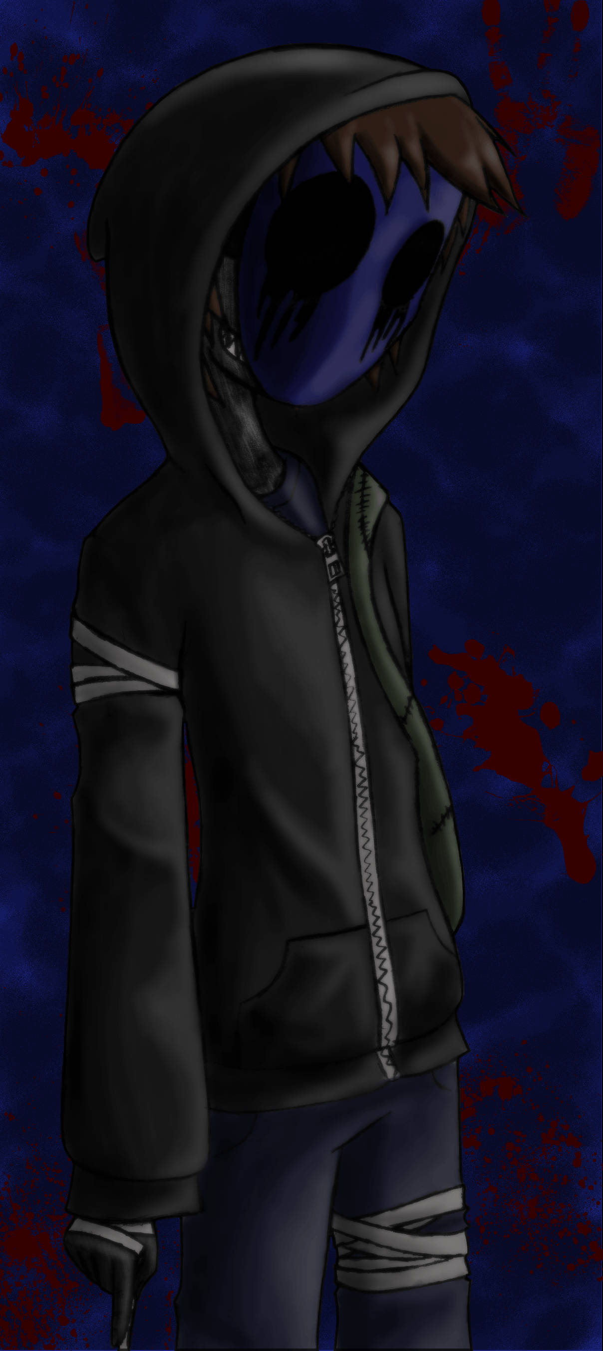 Eyeless Jack 桌布 壁紙 — 一個戴著連帽衫的動漫角色，藍色骷髏臉上有紅色飛濺，站在深藍色背景前。