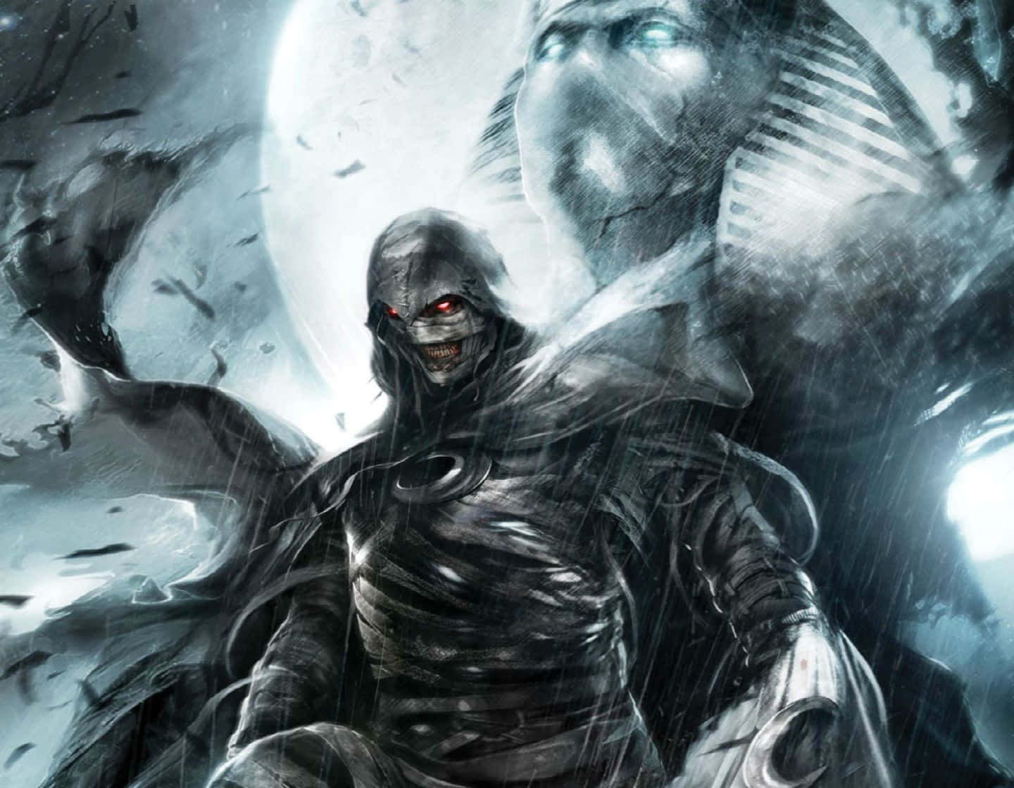Moon Knight 桌布 壁紙 — 一個戴著連帽衫的威脅性人物，眼睛發出紅光，站在暴風雨的夜晚，一個幽靈般的臉龐在滿月下隱約出現。