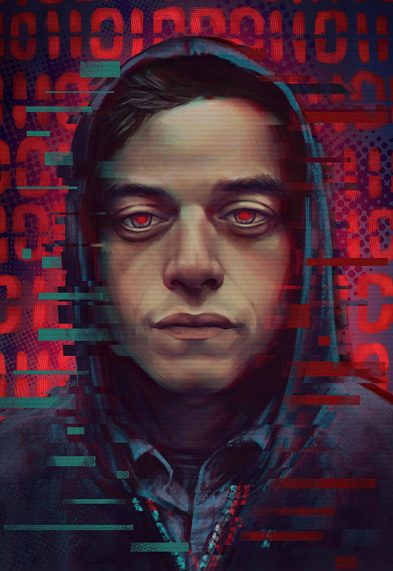 Rami Malek 桌布 壁紙 — 一個戴著連帽衫的男子，雙眼發出紅光，被紅色和藍綠色的故障數據流包圍的數位藝術肖像。