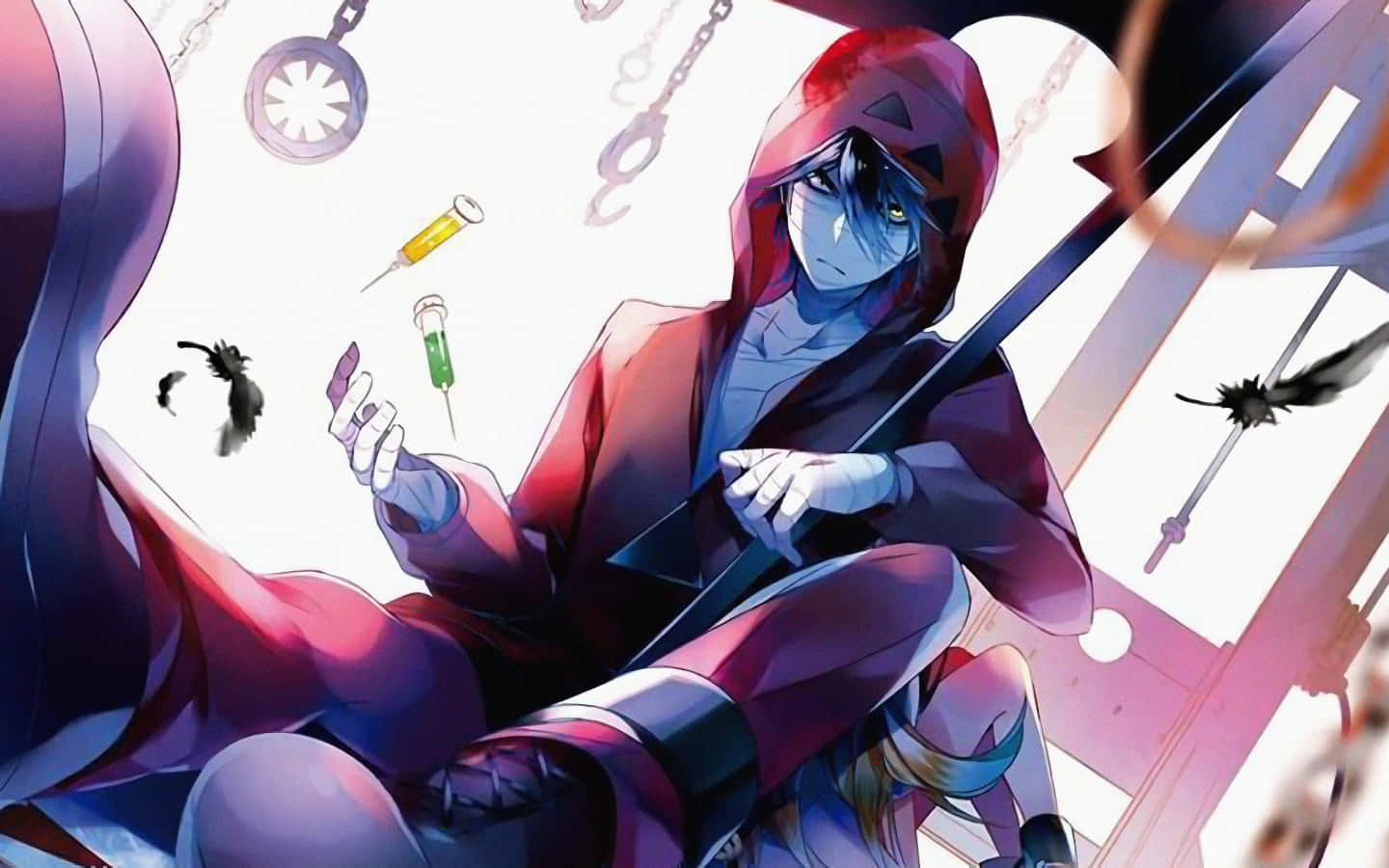 殺戮天使 桌布 壁紙 — 一個戴著連帽衫的藍皮膚動漫角色，在混亂的漂浮鏈條和工具背景下手持注射器和武器。