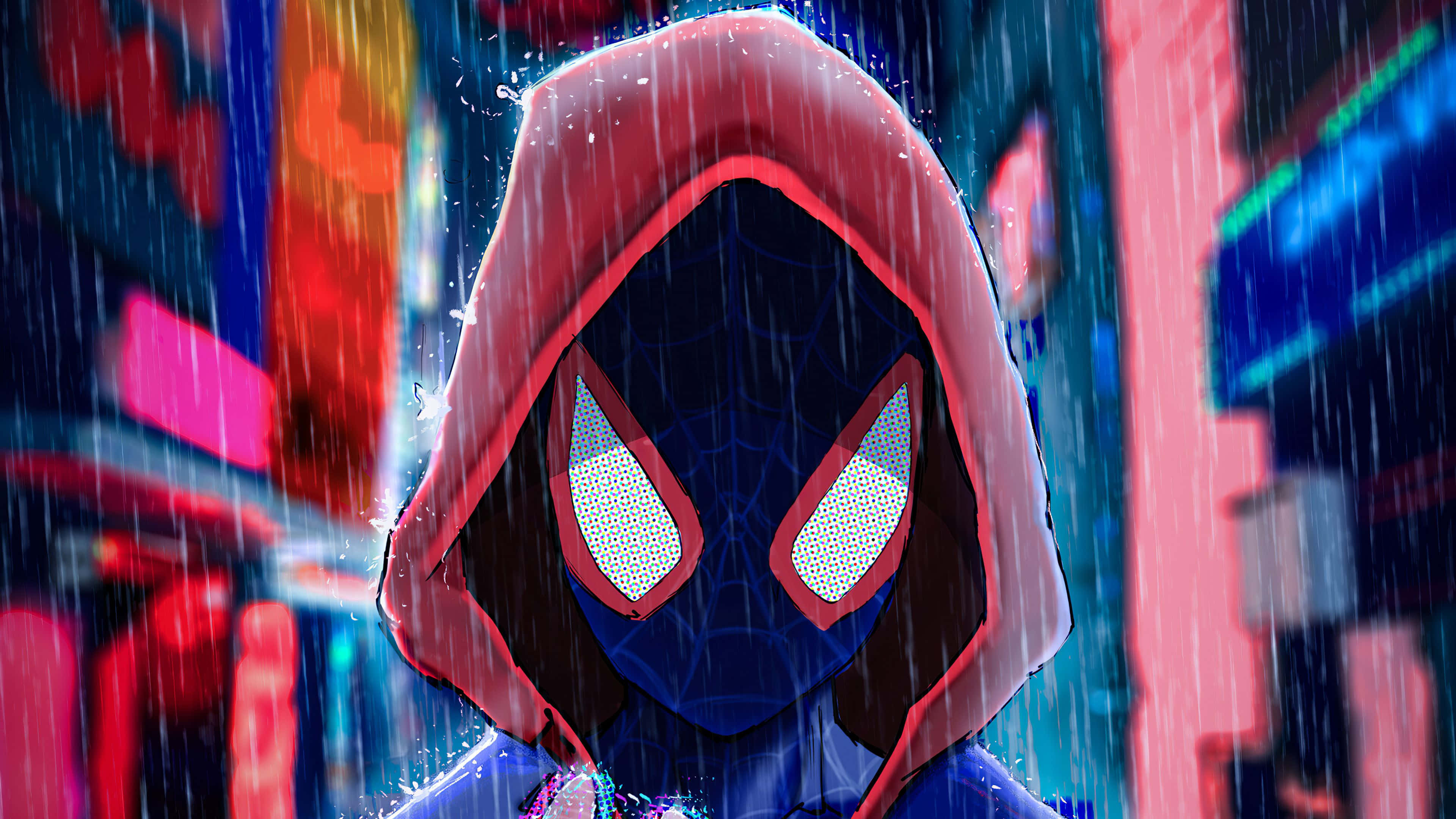 Red Hoodie 桌布 壁紙 — 一個戴著連帽衫的蜘蛛人站在霓虹燈閃爍、雨水浸濕的城市景觀中，周圍有發光的招牌和落下的水滴。