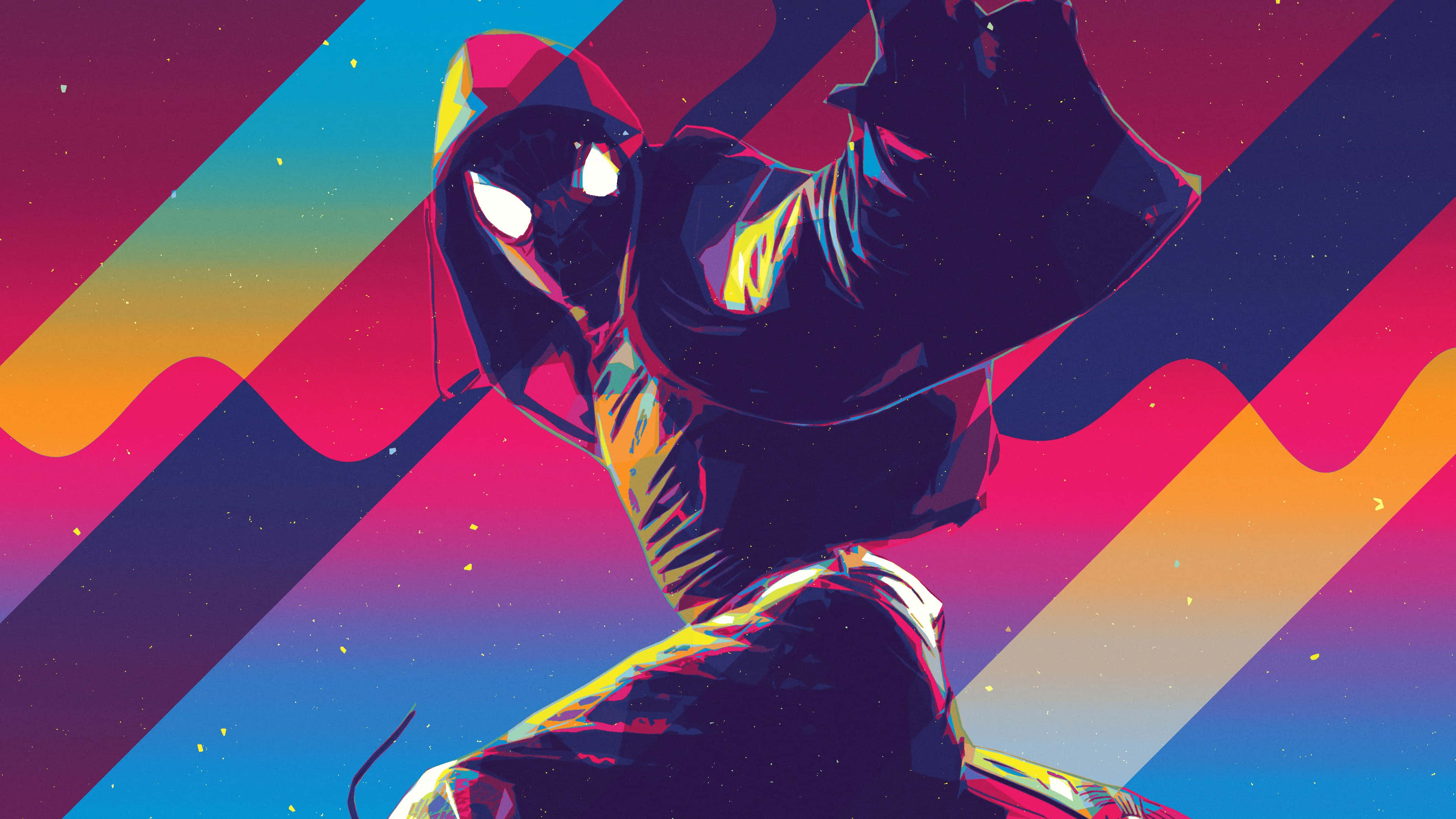 Friendly Neighborhood Spider-man 桌布 壁紙 — 一個戴著連帽衫的風格化蒙面人物，動態地站在充滿活力的漸變背景前，背景有醒目的對角線條紋。