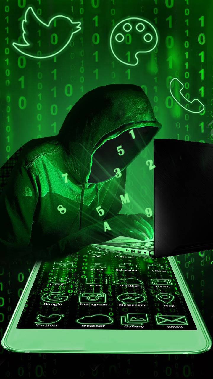 hacker 3d 桌布 壁紙 — 一個戴著連帽衫的駭客在綠光中打字，周圍環繞著浮動的應用程式圖示和二進位代碼。