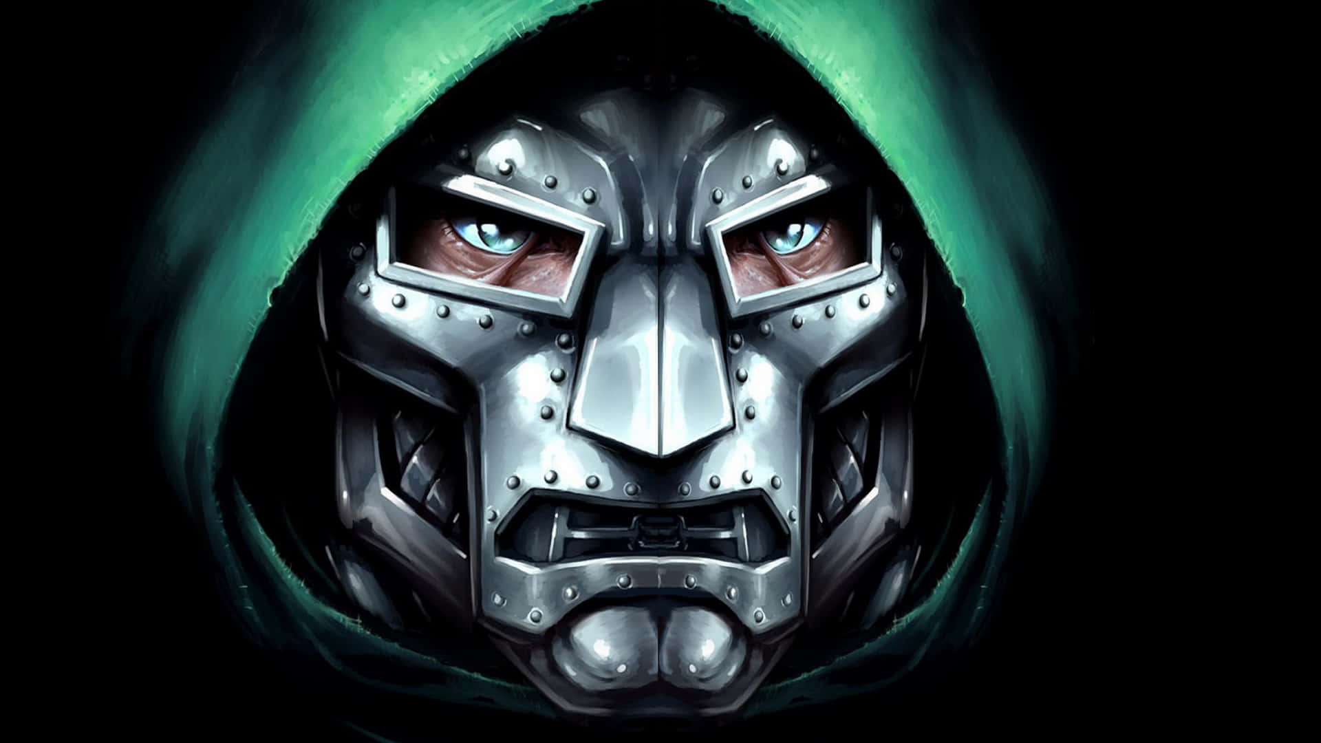 1920x1080 Doom 桌布 壁紙 — 一個戴著金屬面具、帶有發光藍眼睛的威脅性人物，從深綠色連帽衫中窺視，背景為黑色。