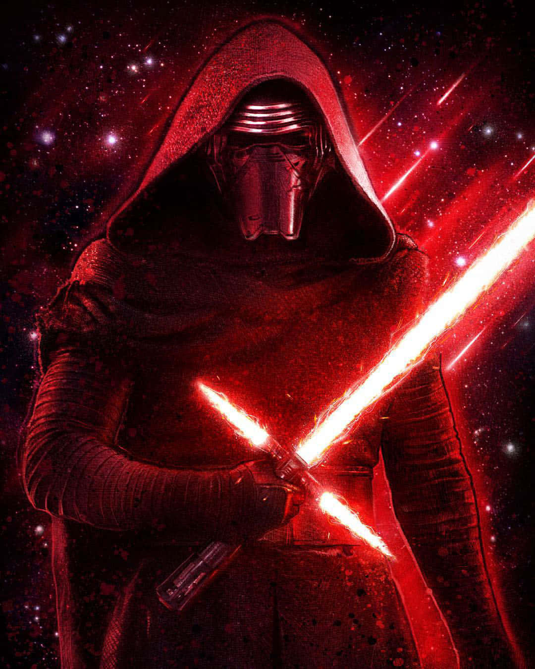 Star Wars Profile 桌布 壁紙 — 一個戴著金屬面具的兜帽人物，在星光宇宙背景下揮舞著發光的紅色光劍。