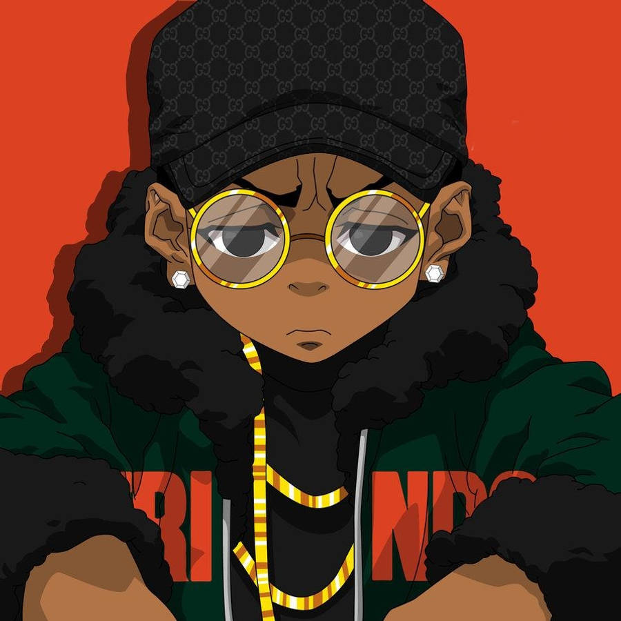 Naruto Gucci 桌布 壁紙 — 一個戴著金框眼鏡和Gucci帽子的風格化動漫角色，在鮮豔的橙色背景下凝視著。