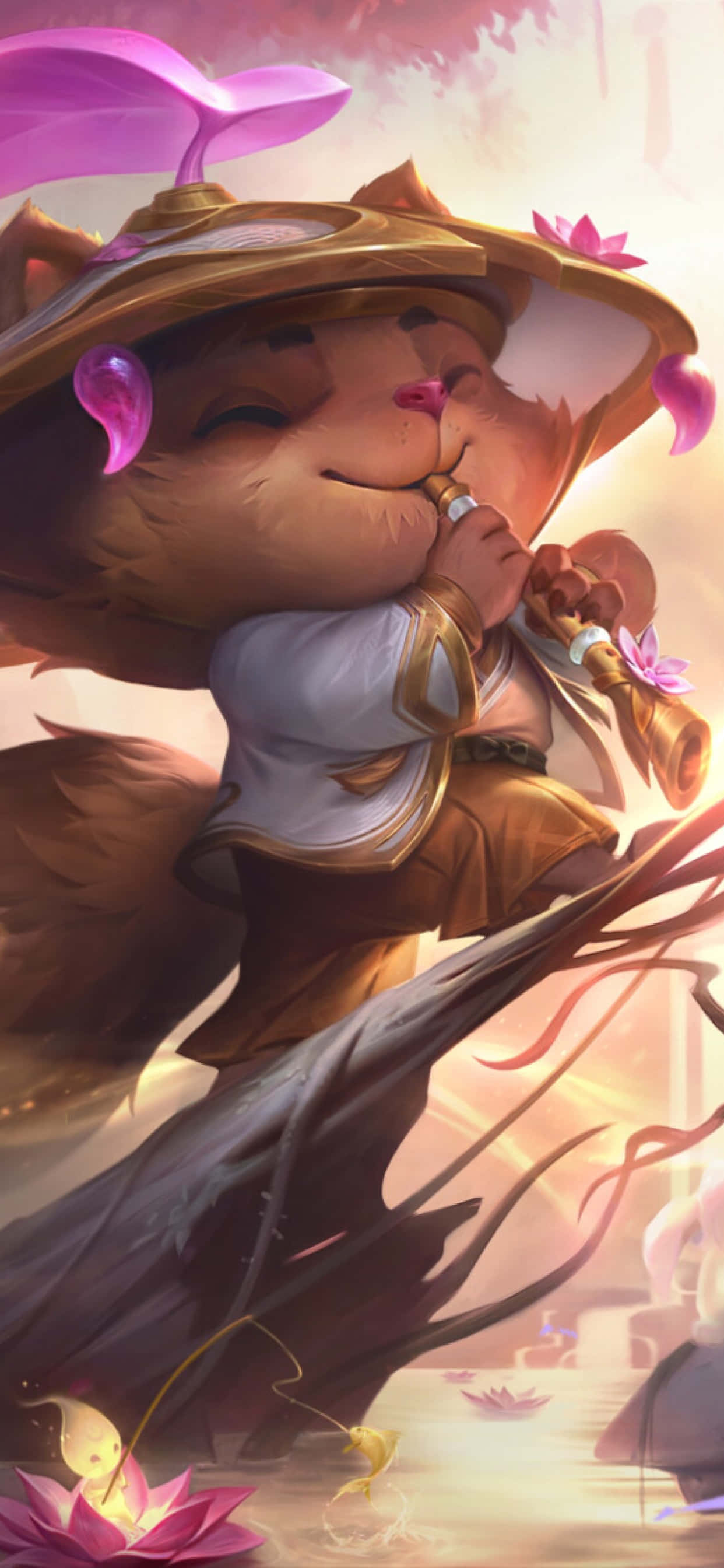 Android League Of Legends 桌布 壁紙 — 一個戴著金色帽子的可愛狐狸角色在發光的粉紅色蓮花和柔和的金色光芒中吹奏長笛。