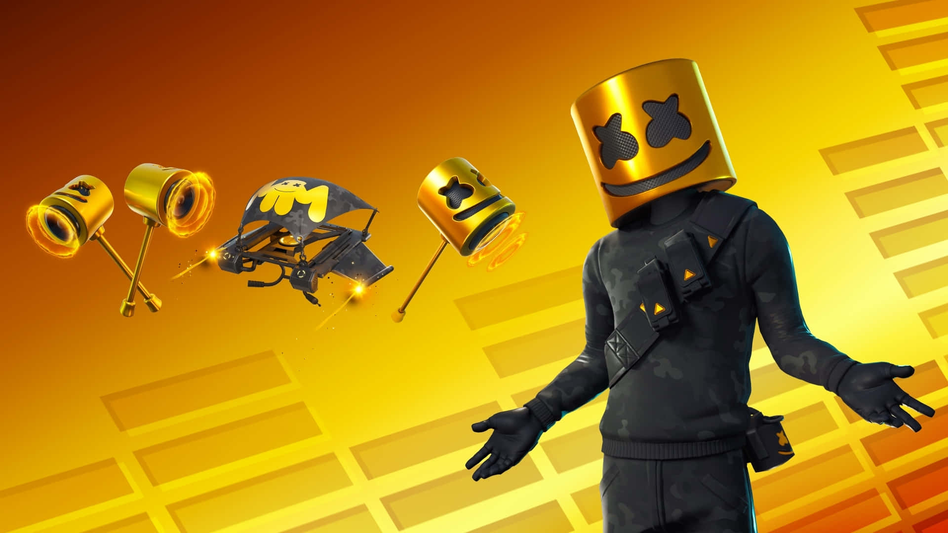 Marshmello 動態圖 桌布 壁紙 — 一個戴著金色棉花糖頭盔的Fortnite角色，在耀眼的橙黃漸變背景前，在漂浮的金色武器旁邊做手勢。