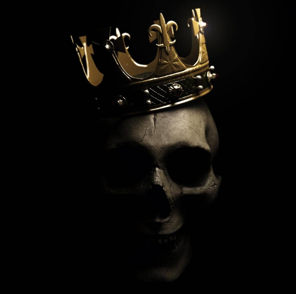 Black King 桌布 壁紙 — 一個戴著金色皇冠的頭骨，在漆黑的背景上隱約發光。