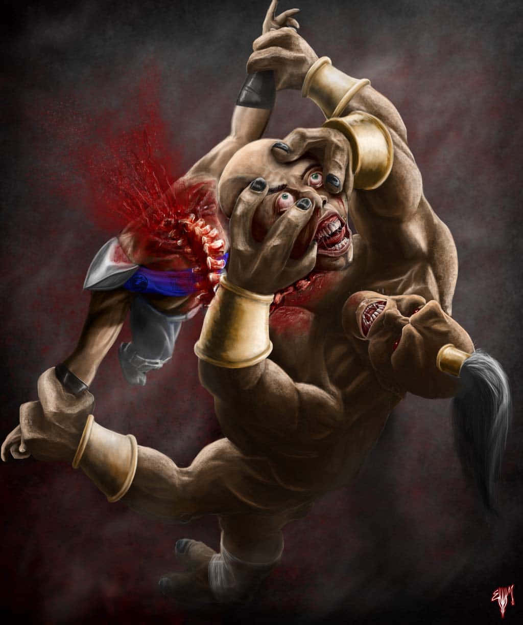Mortal Kombat Goro 桌布 壁紙 — 一個戴著金色臂環、多眼且怪誕的惡魔，在深紅色背景下撕開自己的軀幹，露出骨頭和鮮血。