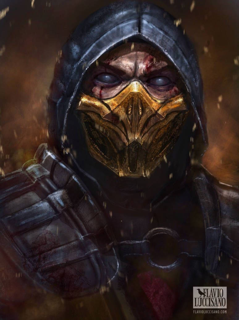 Mk11 桌布 壁紙 — 一個戴著金色華麗面具、滿臉鮮血的威脅性兜帽戰士，在煙霧繚繞的火熱背景下凝視著。