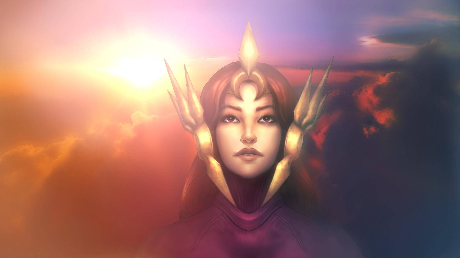Legends 桌布 壁紙 — 一個戴著金色角狀頭飾的寧靜女性形象，站在充滿活力的日落天空前，雲彩閃耀。