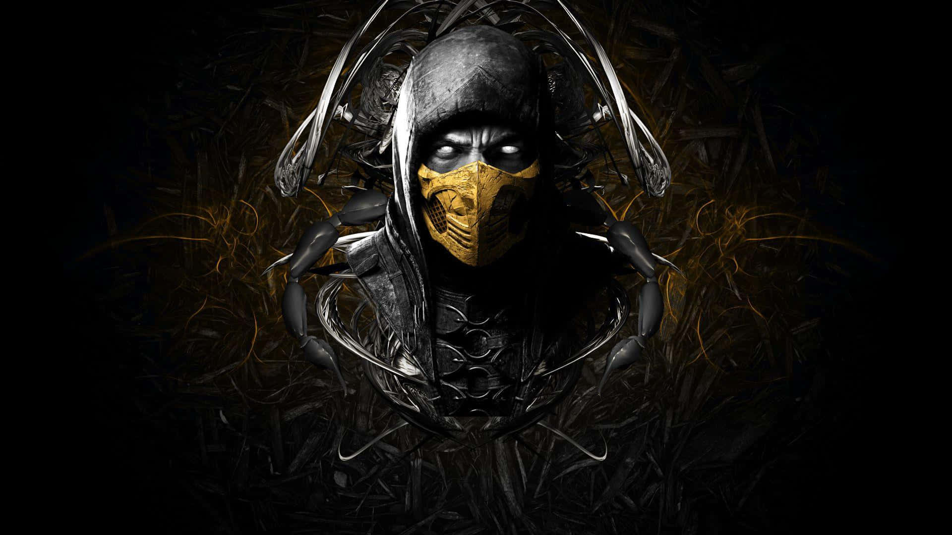 Mortal Kombat X 桌布 壁紙 — 一個戴著金色面具、身穿暗色盔甲的威脅性忍者，從旋轉的陰影中以戲劇性的特寫出現。