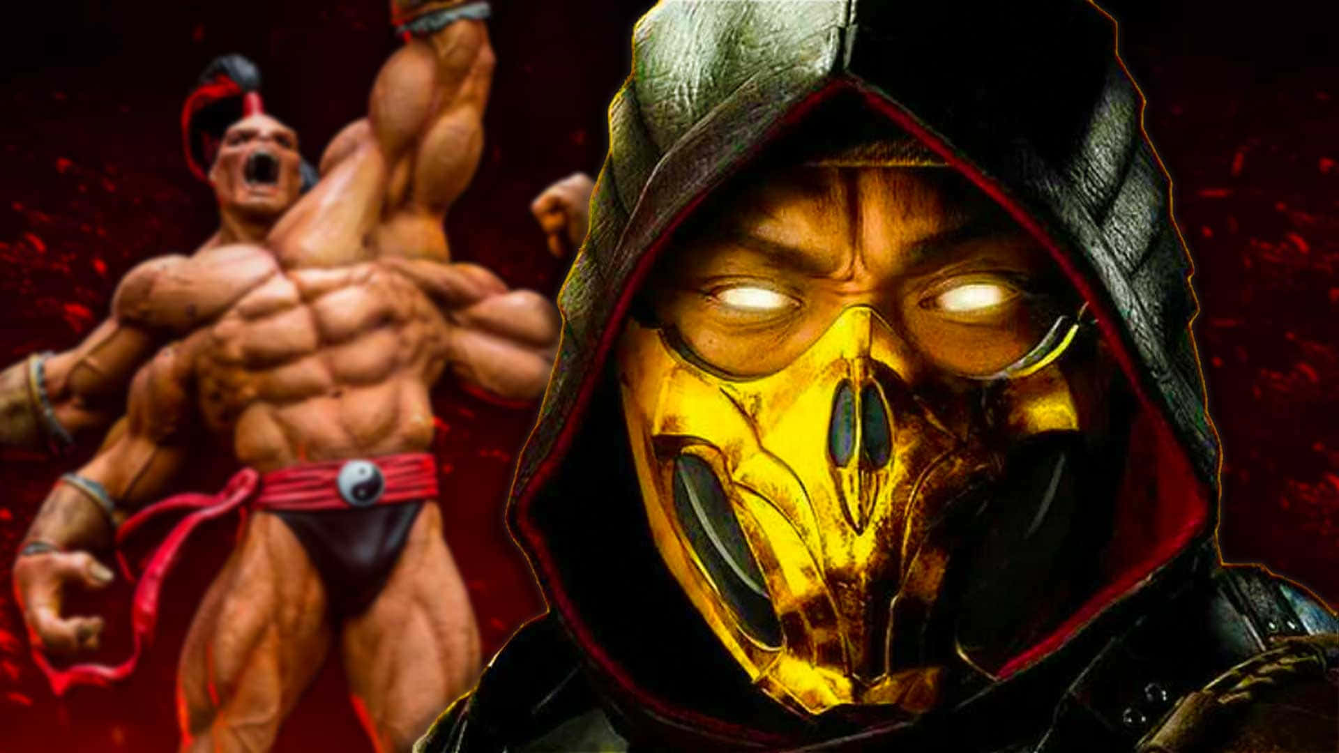 Mortal Kombat Characters 桌布 壁紙 — 一個戴著金色面具的威脅性忍者，和一個繫著紅色腰帶的肌肉戰士，站在火紅的背景前。