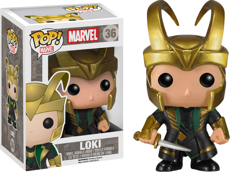 洛基 桌布 壁紙 — 一個戴著金色頭盔、身穿黑綠色盔甲的Funko Pop! Marvel Loki 乙烯基人偶站在其品牌盒子旁邊。