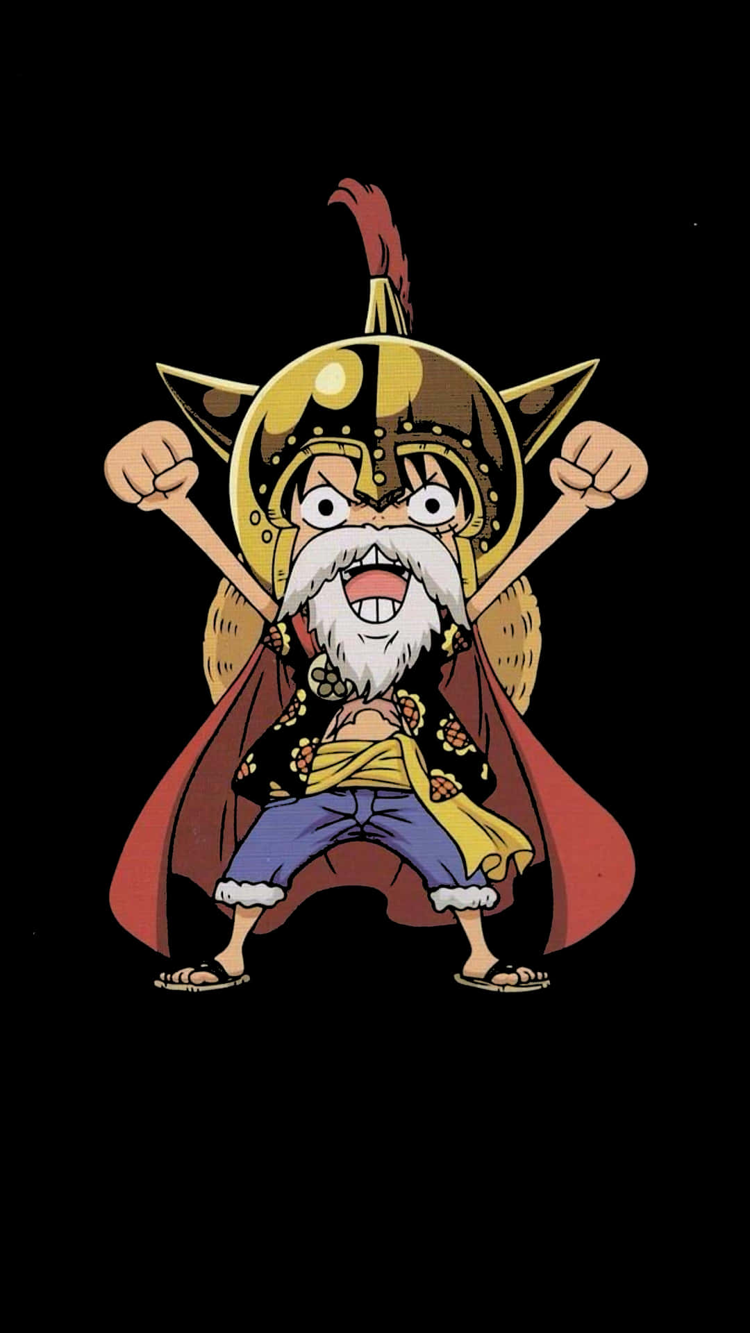 Luffy 桌布 壁紙 — 一個戴著金色頭盔和紅色斗篷的Q版動漫海盜，在黑色背景上勝利地站立。
