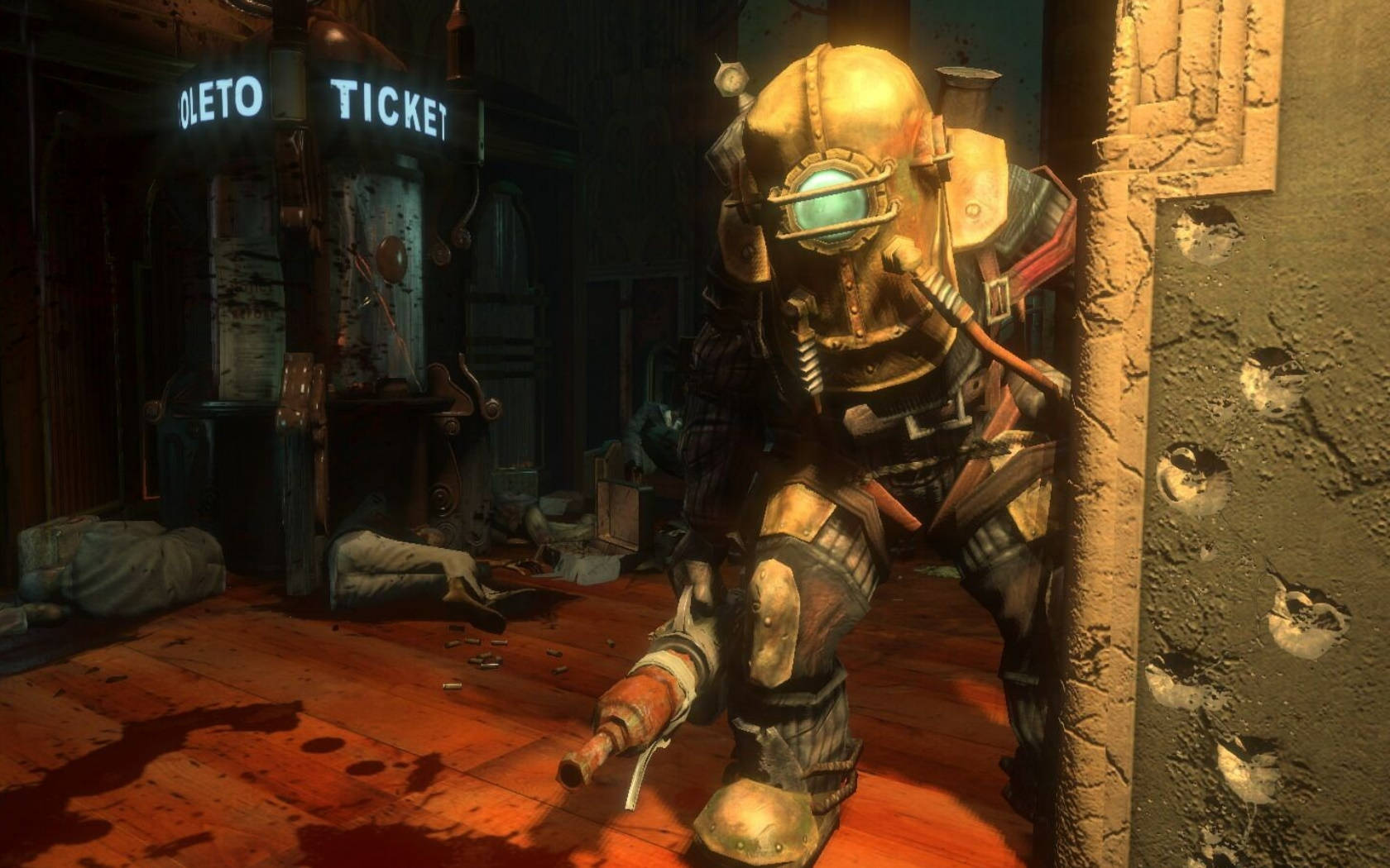 bioshock 4K 桌布 壁紙 — 一個戴著金色頭盔的重裝潛水員蹲在一個骯髒、血跡斑斑的房間裡，房間裡有一個發光的「OLETO TICKET」標誌。