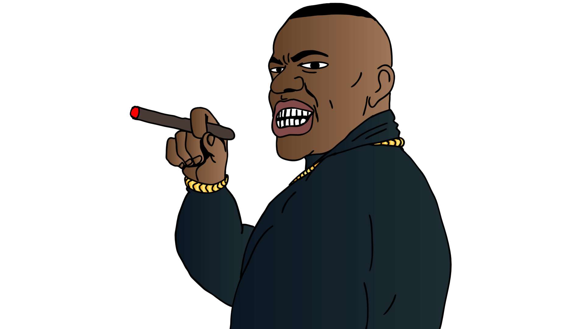 Dababy Cartoon 桌布 壁紙 — 一個戴著金鏈和雪茄的卡通男人在純白色背景上憤怒地大喊。